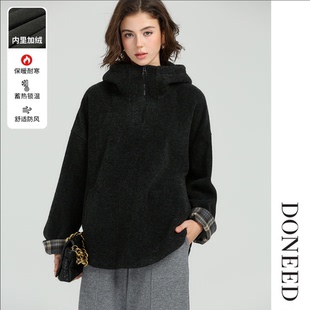 DONEED2025冬季时尚休闲高级加绒卫衣连帽韩版舒适保暖宽松上衣女