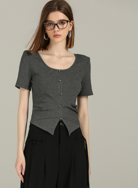 DONEED夏款甜辣风大圆领打褶收腰修身显瘦前开叉纯色针织上衣女