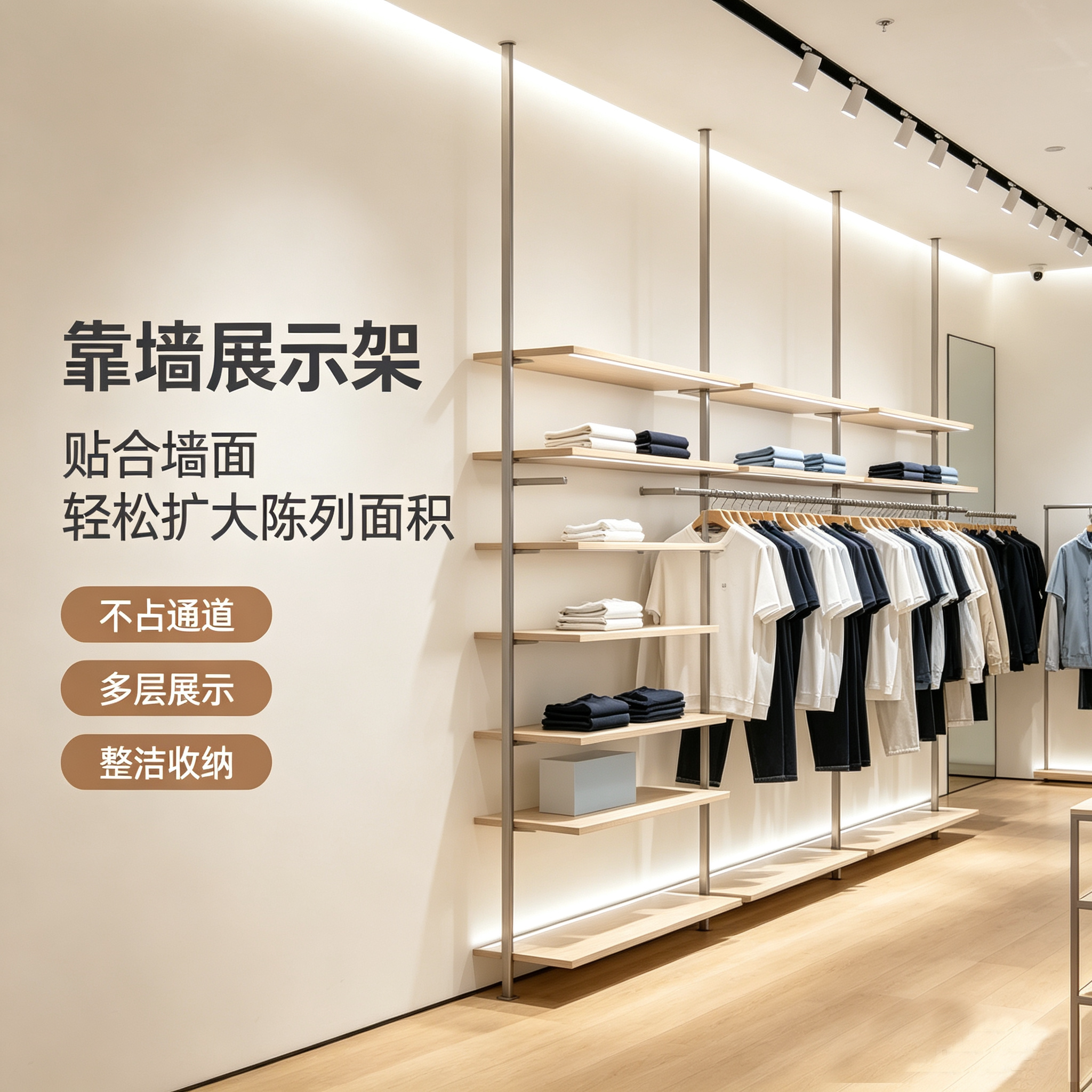 商场男装店挂衣架网红服装店货架带灯陈列架不锈钢上墙服装展示架