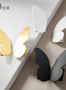 蝴蝶黄铜拉手免打孔黑色抽屉现代简约创意北欧衣柜门白色粘贴把手