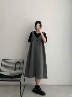 胖mm设计感撞色拼接假两件背带裙宽松过膝短袖 女装 连衣裙 大码 新款