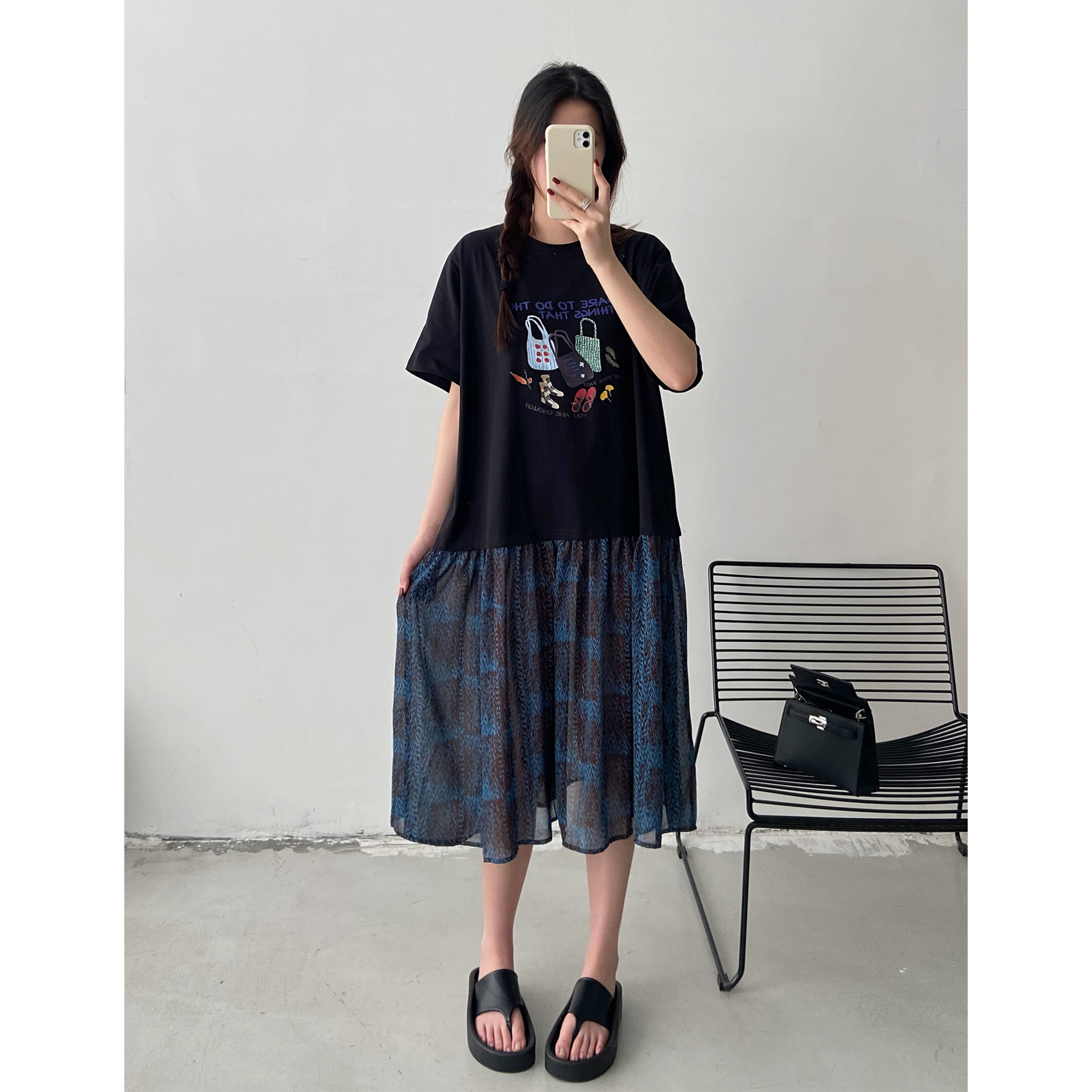 圆领大码女装2026夏季新款设计感拼接小众宽松长裙胖mm短袖连衣裙