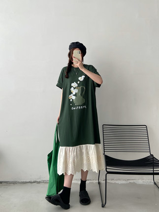 假两件印花短袖T恤长裙女夏季新款鱼尾拼接懒人胖mm大码连衣裙子