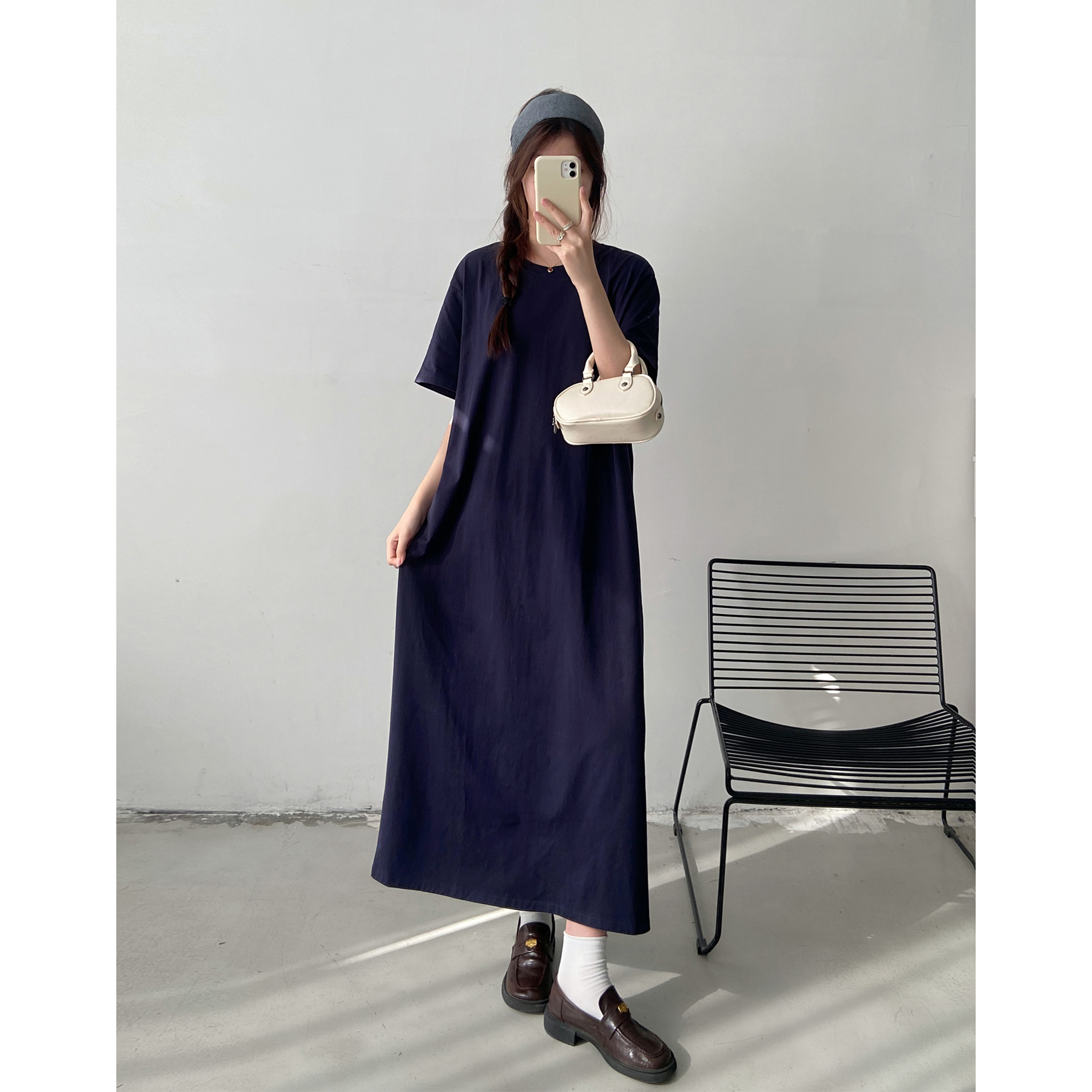 2025夏季纯色懒人T恤裙女长款过膝宽松直筒显瘦简约短袖连衣裙子