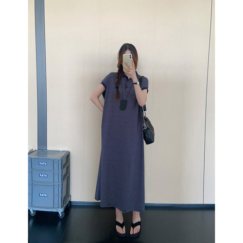 POLO领条纹短袖连衣裙女2026夏季新款简约宽松遮肉休闲过膝长裙子