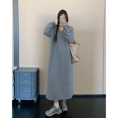 大码孕妇可穿针织连帽毛衣裙女韩系宽松显瘦遮肚子宽松显瘦连衣裙