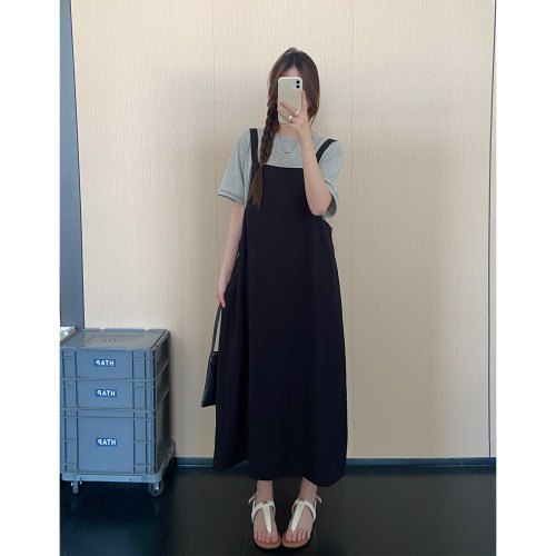 穿搭拼接假两件背带短袖连衣裙女夏季新款韩系宽松遮肉撞色长裙子