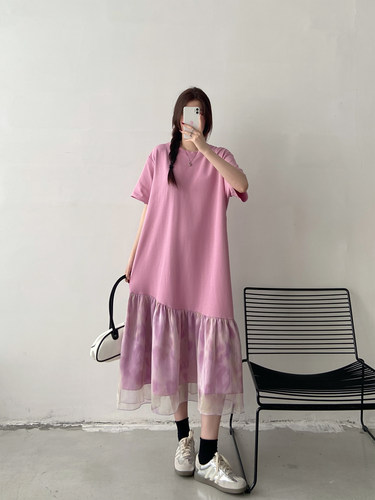 粉色减龄拼接连衣裙女夏季新款胖mm大码宽松设计感扎染网纱T恤裙