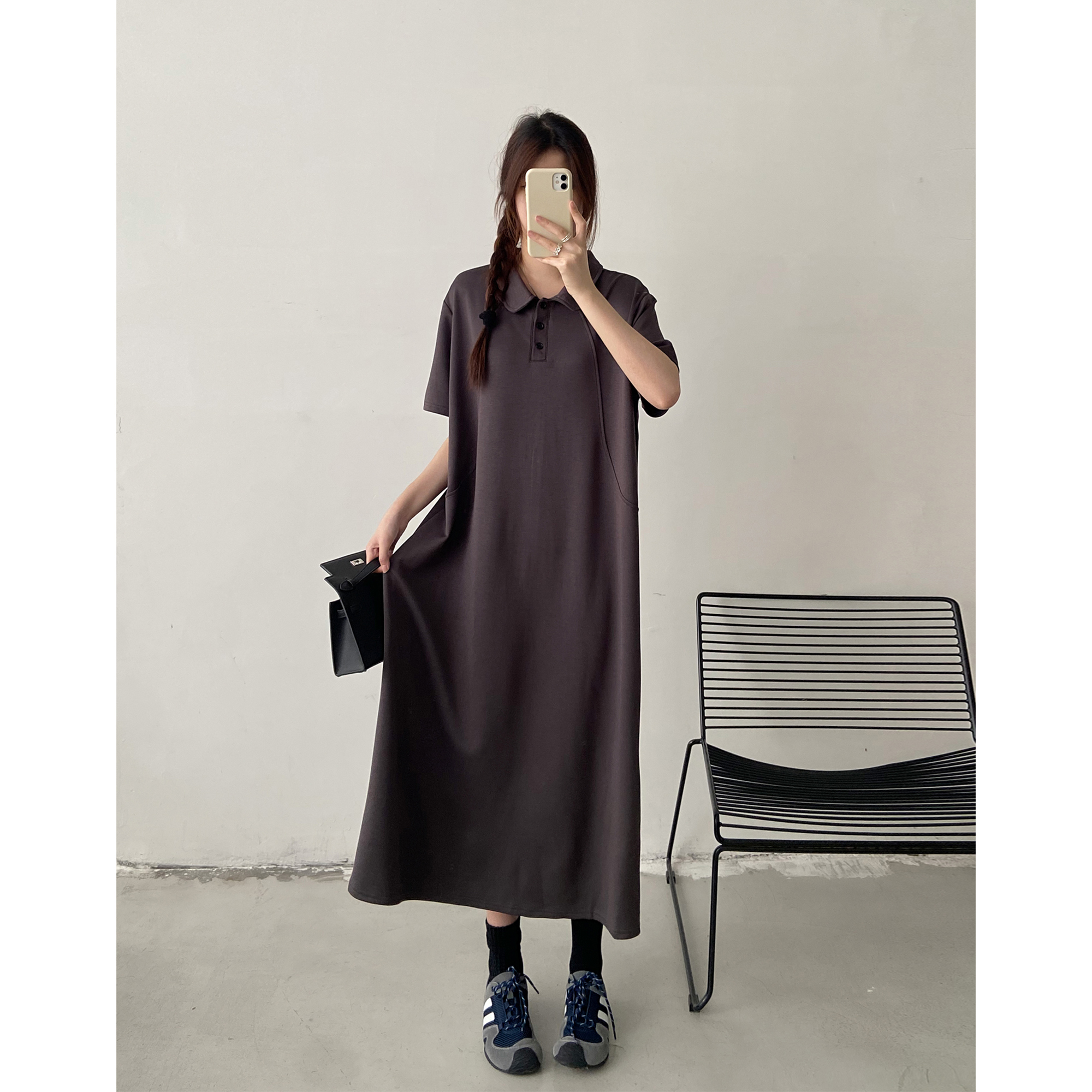polo领短袖连衣裙女2025夏季新款慵懒风宽松遮肉休闲过膝T恤长裙