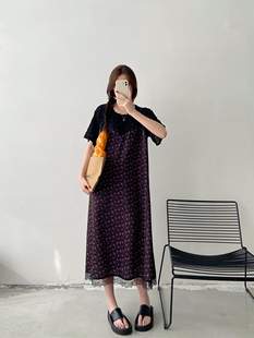 胖mm拼接假两件连衣裙女大码夏季新款韩版宽松显瘦遮肚子过膝长裙