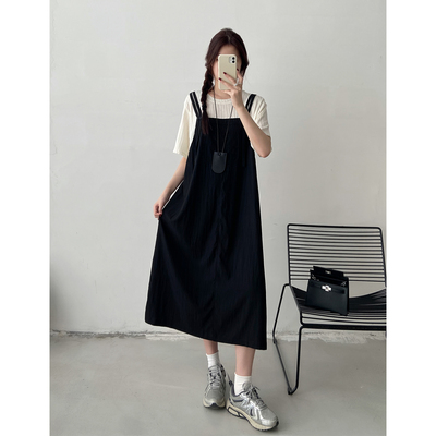 假两件背带连衣裙女2026夏季新款大码宽松遮肉显瘦时尚短袖长裙子