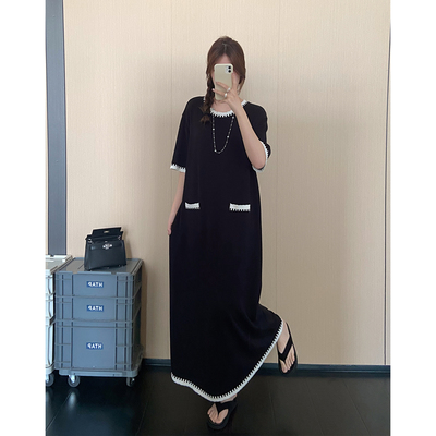 圆领撞色设计感短袖连衣裙女夏季新款韩版胖mm大码宽松显瘦长裙子