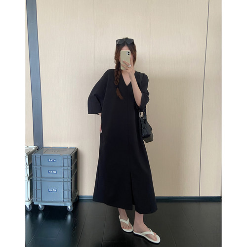 设计感前开叉V领短袖T恤裙2026夏季新款韩系宽松显瘦气质连衣裙女