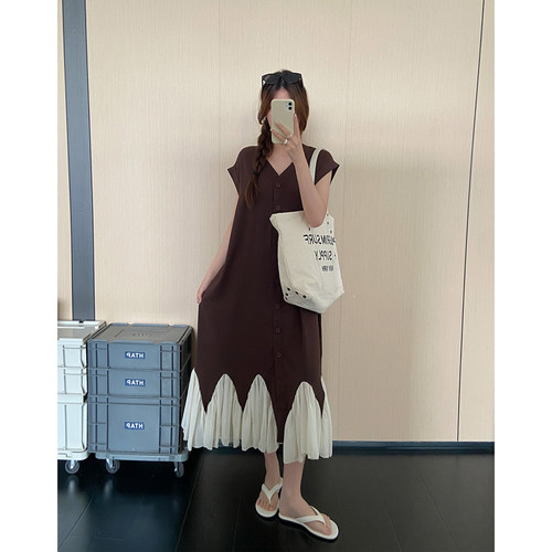 法式复古慵懒风拼接短袖连衣裙女夏季新款宽松显瘦绝美休闲长裙子
