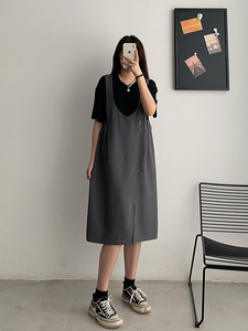 【清仓特价】拼接背带裙假两件腰抽绳设计感小众短袖连衣裙女