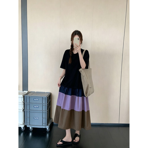 设计感拼接撞色鱼尾裙女夏季新款宽松显瘦遮肉休闲短袖连衣裙长裙