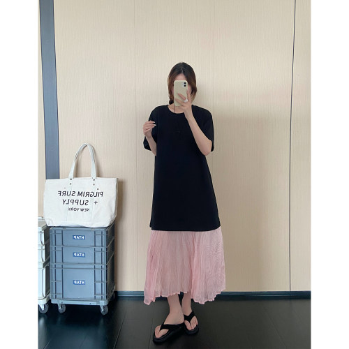 气质高级感拼接短袖连衣裙女2026夏季新款大码宽松显瘦垂感长裙子