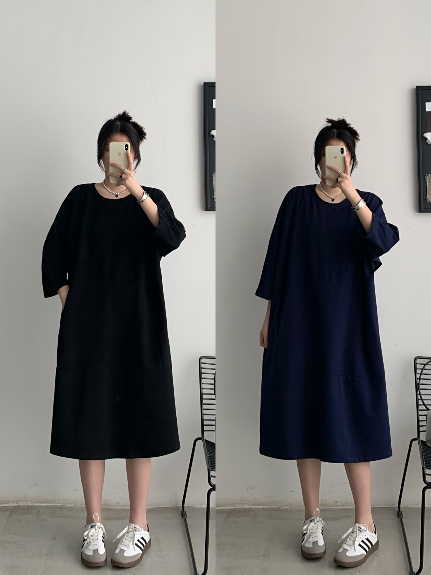 【清仓特价】女胖mm宽松遮肚显瘦过膝打底七分袖连衣裙