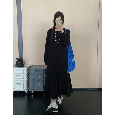 简约休闲长袖卫衣裙女秋季新款慵懒风大码宽松显瘦A字鱼尾连衣裙