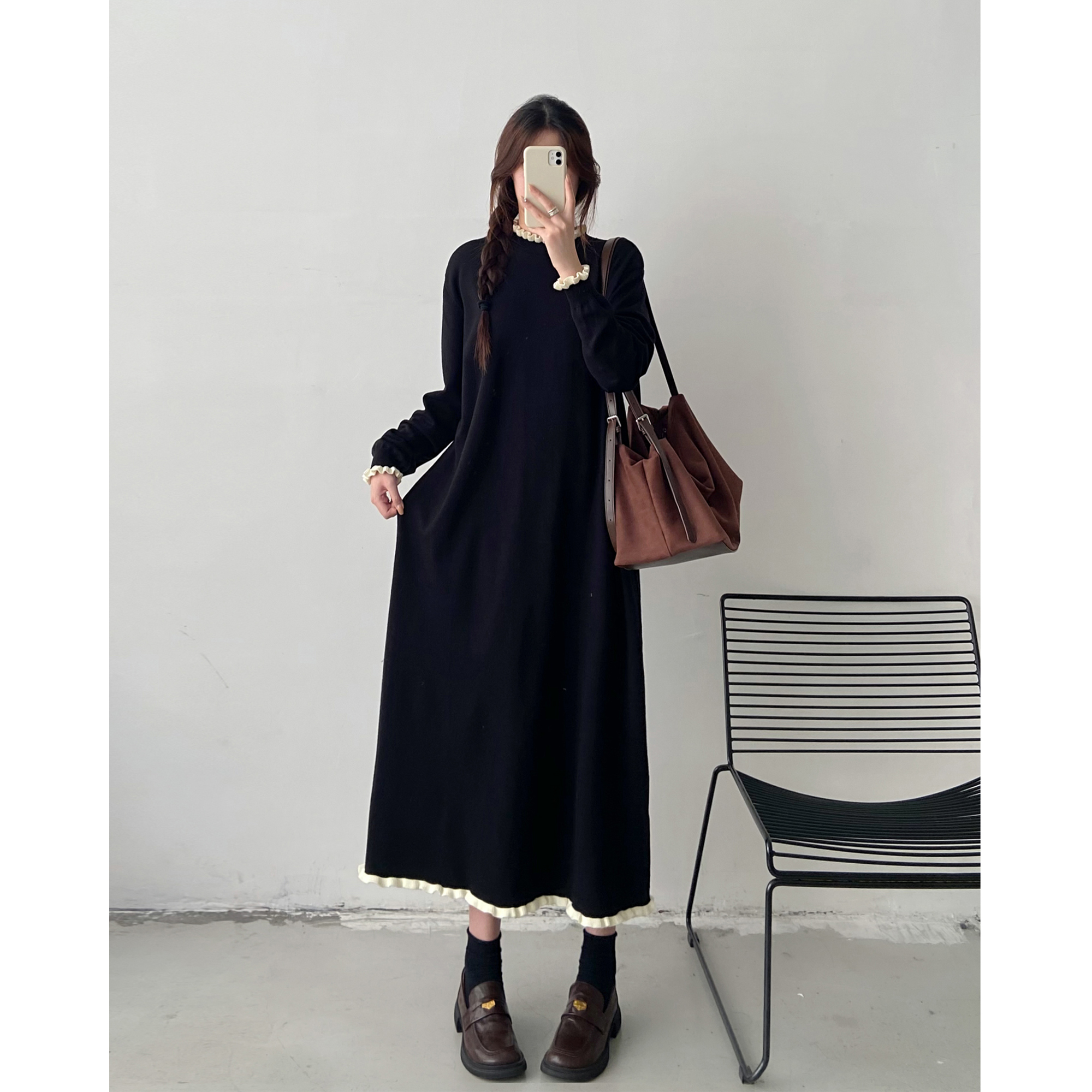 配大衣打底针织长裙女2025秋冬新款新款胖mm大码宽松内搭连衣裙子
