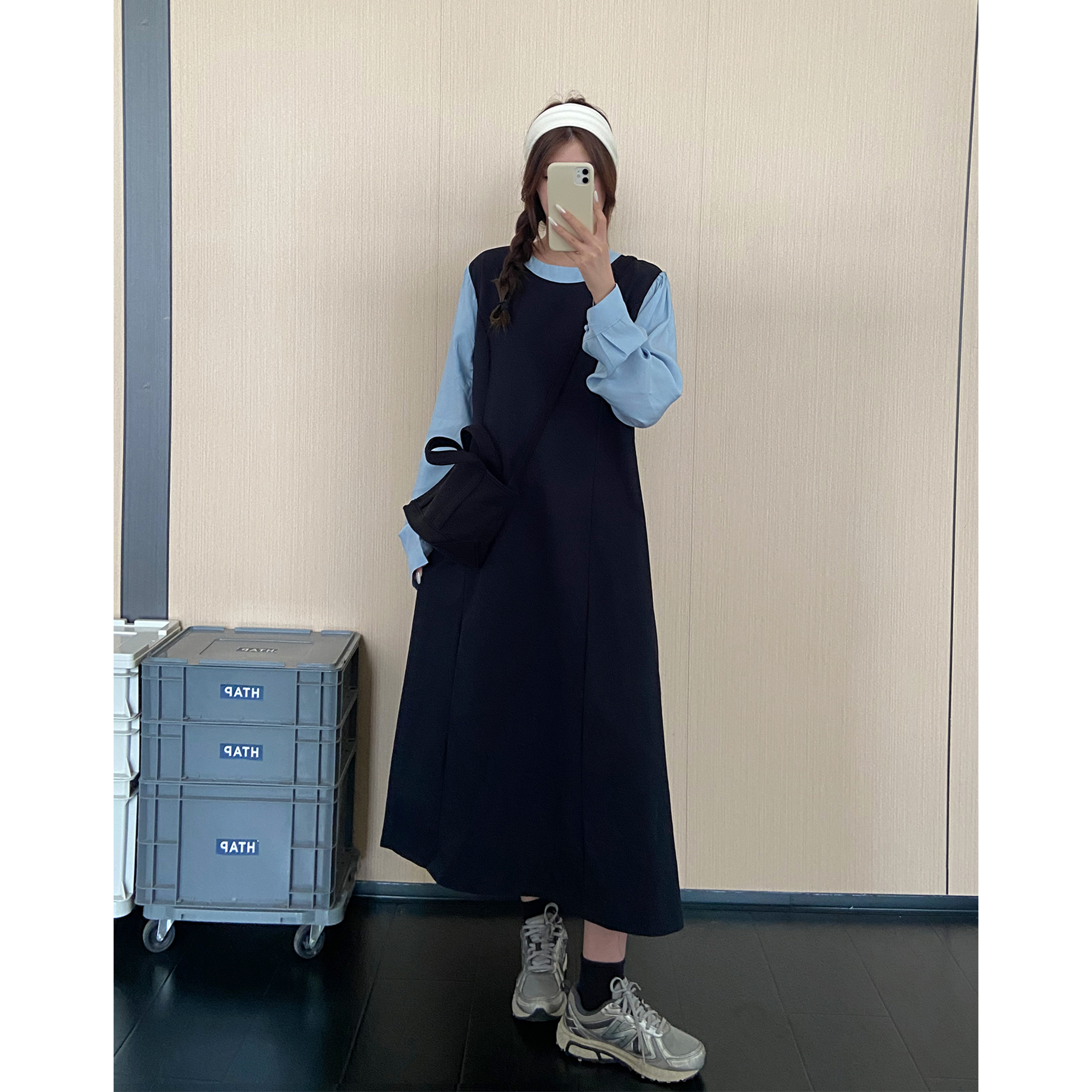 秋季新款高级感拼接假两件连衣裙女宽松显瘦穿搭衬衫Polo领长裙子