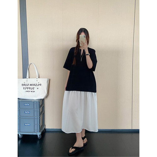 拼接假两件设计感短袖连衣裙女夏装新款宽松显瘦小众过膝时尚长裙