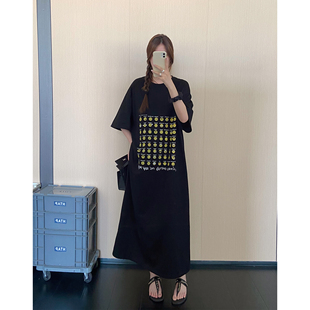 孕妇可穿韩系趣味印花短袖T恤裙夏装新款高个子宽松遮肉连衣裙女