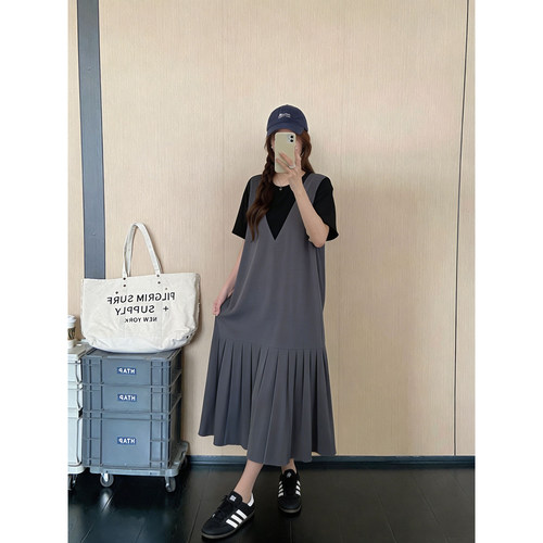 假两件拼接宽松显瘦短袖连衣裙女2026夏装新款韩系设计感休闲长裙