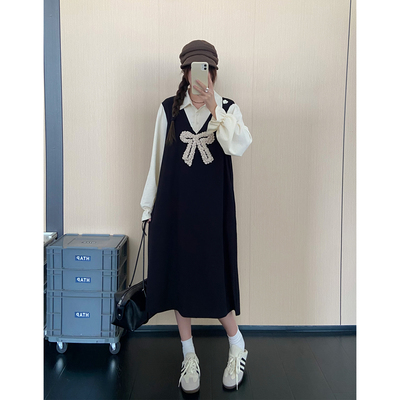 秋冬季新款法式大码连衣裙假两件宽松显瘦休闲Polo领中长款裙子