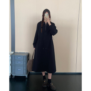 过膝连衣裙子 休闲时尚 宽松显瘦收腰调节A字卫衣裙女2025秋季 新款