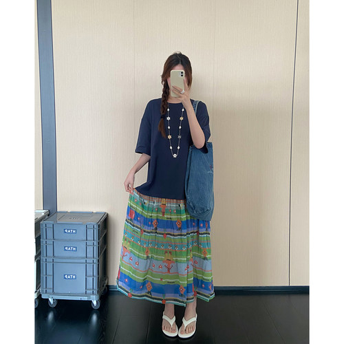 超好看松弛感拼接独特裙摆短袖连衣裙女夏季新款休闲宽松A字长裙