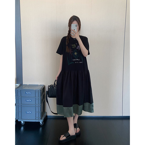 胖mm大码宽松假两件拼接T恤裙女夏新款高级感撞色休闲短袖连衣裙