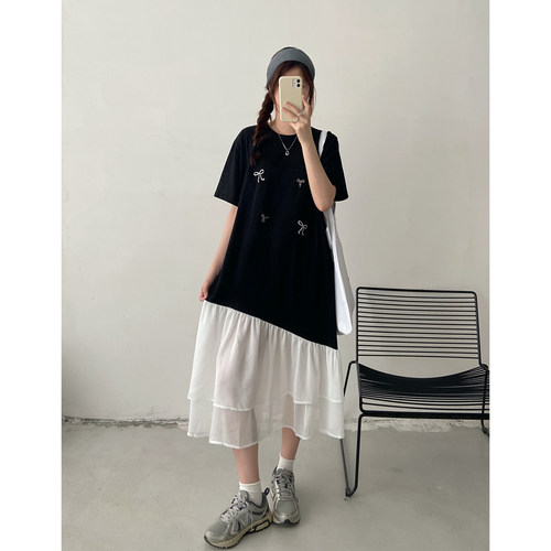法式雪纺拼接短袖连衣裙女2026夏季新款时尚宽松休闲蝴蝶结长裙子