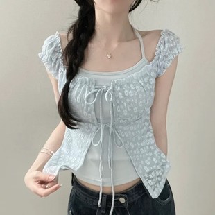 蕾丝衫 韩版 绑带上衣女设计感短袖 蕾丝碎花假两件挂脖短款 chic夏季