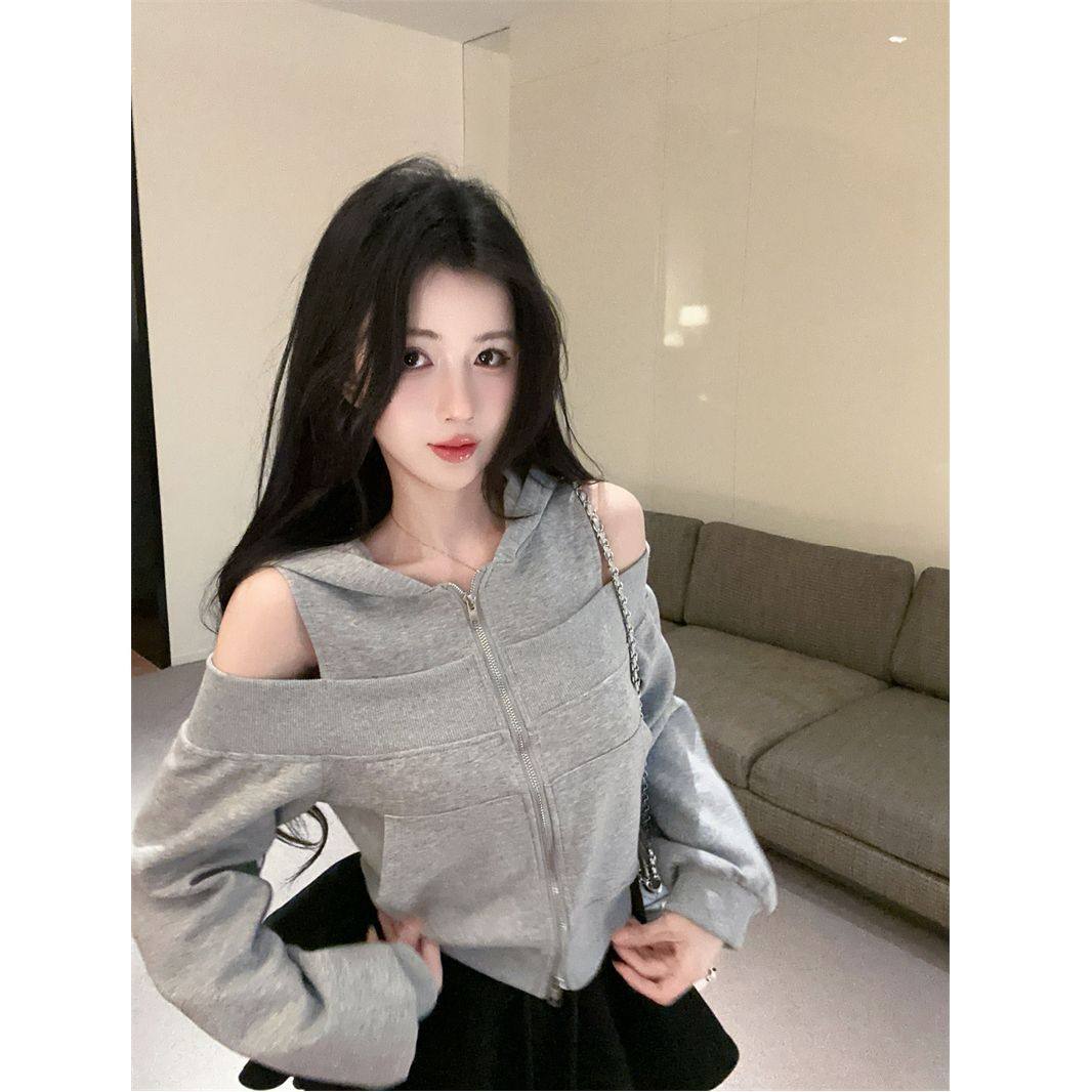 灰色连帽卫衣外套女秋季2026新款美式辣妹露肩上衣巨好看长袖开衫
