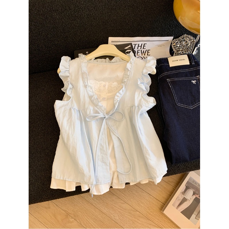 baby浅蓝色木耳边系带假两件无袖衬衫女夏季多巴胺蕾丝娃娃衫上衣