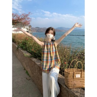 2026热门新款法式复古蓝色格纹无袖衬衫宽松显瘦设计套头百搭上衣