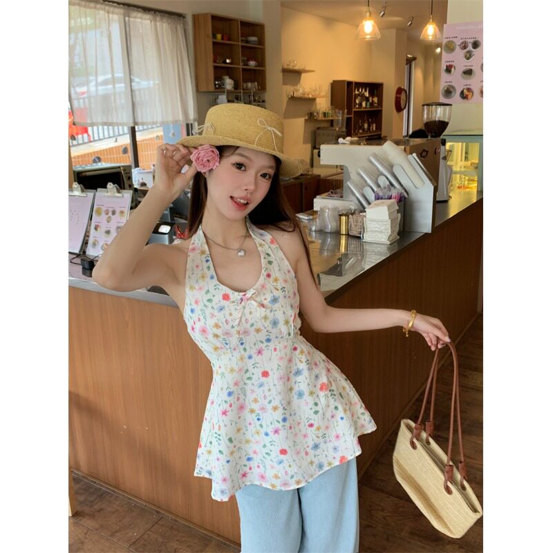 法式碎花挂脖式上衣无袖背心夏日甜辣绝美度假风收腰显瘦吊带小衫