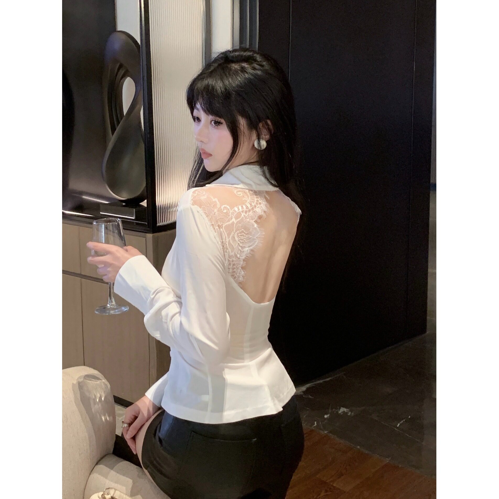 春秋性感露背蕾丝衬衫女设计感小众独特别致港味chic辣妹修身上衣