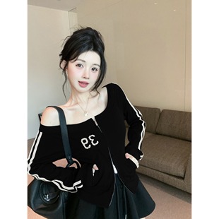 露肩长袖 美式 修身 卫衣女春秋短款 外套上衣潮 辣妹风一字肩拉链开衫