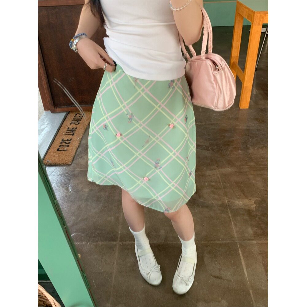 夏季薄荷绿格子高腰A字半身裙