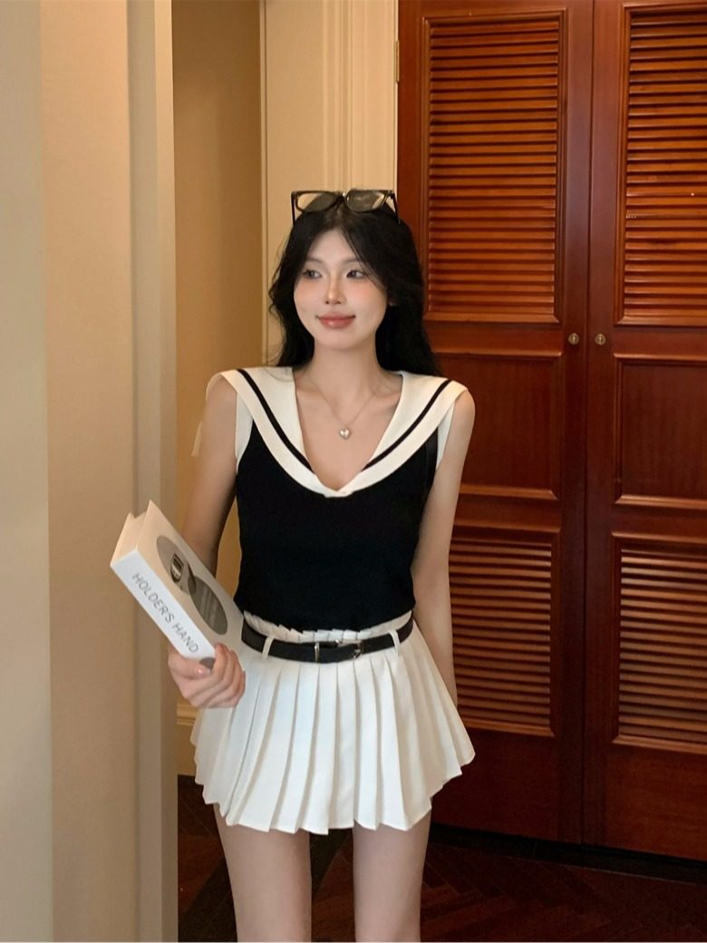 时尚套装少女风海军领无袖背心夏季修身撞色上衣百褶裙辣妹两件套