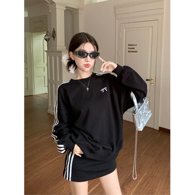 美式条纹撞色蝴蝶结宽松长袖卫衣包臀半身裙短裙秋季新款两件套女