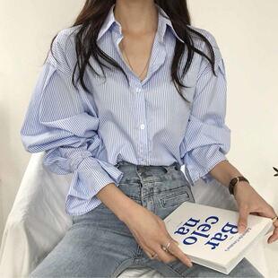 韩版chic法式小众秋装设计感细条纹宽松衬衫女简约内搭长袖上衣潮