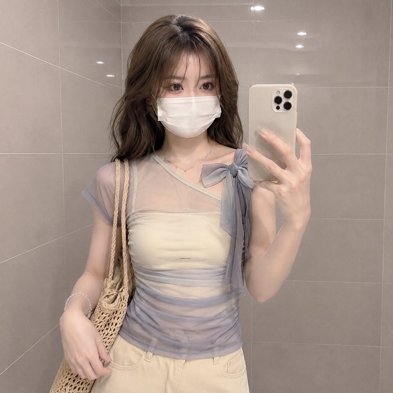 甜美斜肩蝴蝶结显瘦紫色渐变T恤