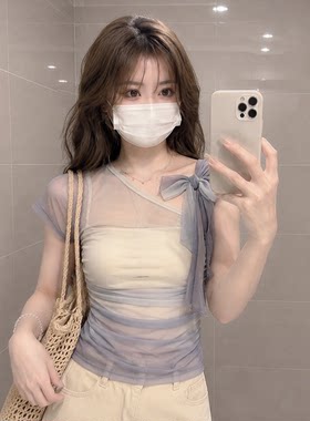 甜美斜肩蝴蝶结显瘦紫色渐变T恤