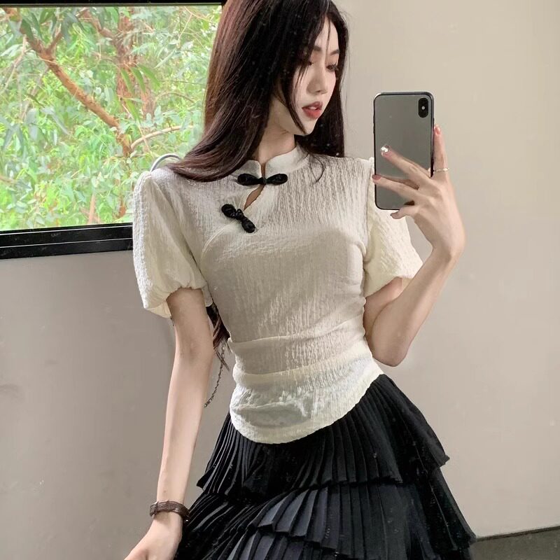 夏季新款中式国风盘扣旗袍泡泡感短袖修身显瘦收腰衬衫t恤上衣女