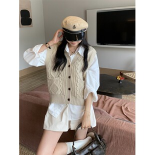 春秋搭配一整套女韩系学院风针织开衫马甲背心内搭长袖衬衫两件套