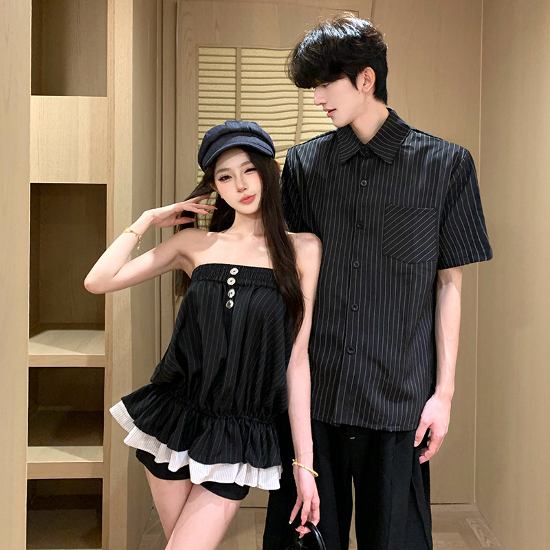 夏季辣妹露肩条纹拼接显瘦背心