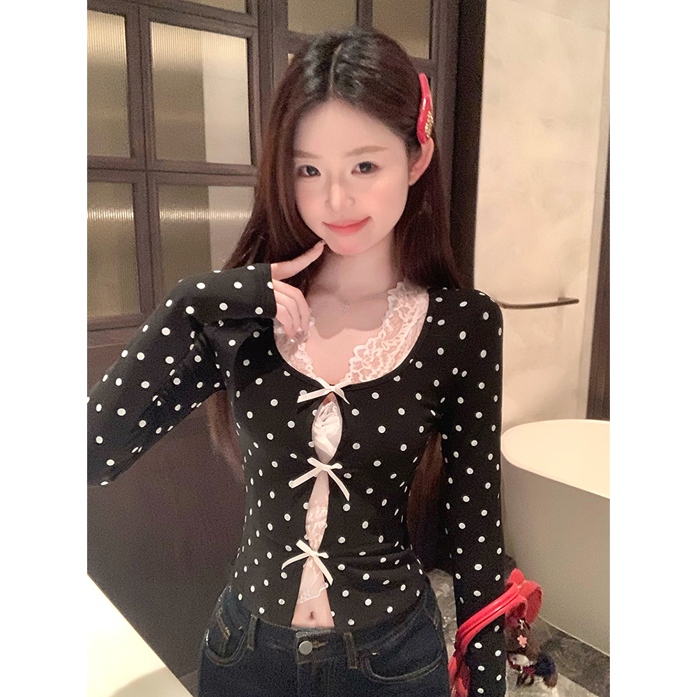 纯欲风黑色波点短款长袖T恤u领衬衫女秋季法式复古气质修身上衣